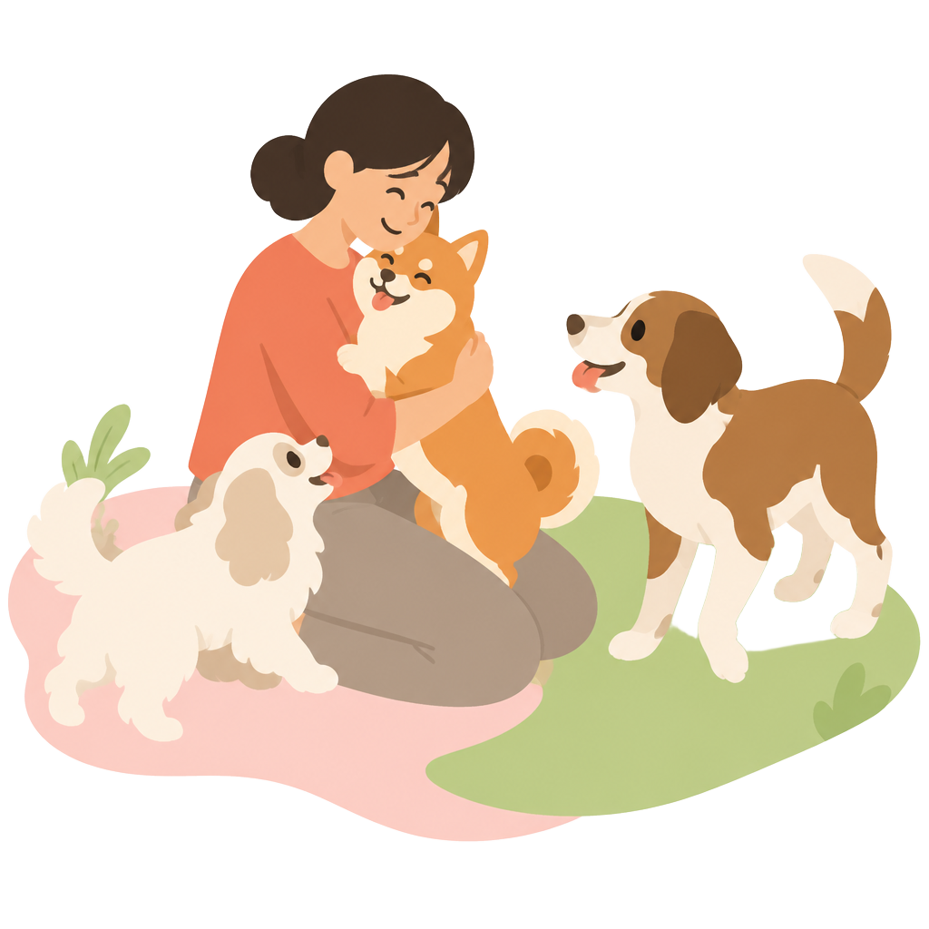 Clara hugging Trufa while two other dogs come to say hello