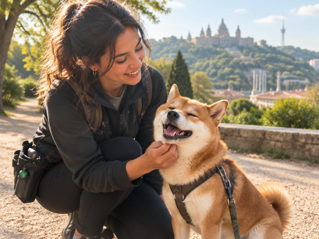 Clara scratching a happy Shiba Inu under the chin on a sunny path
