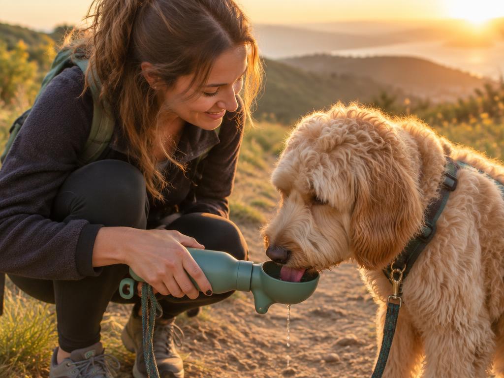 Clara giving water to a fluffy dog from a bottle at golden hour