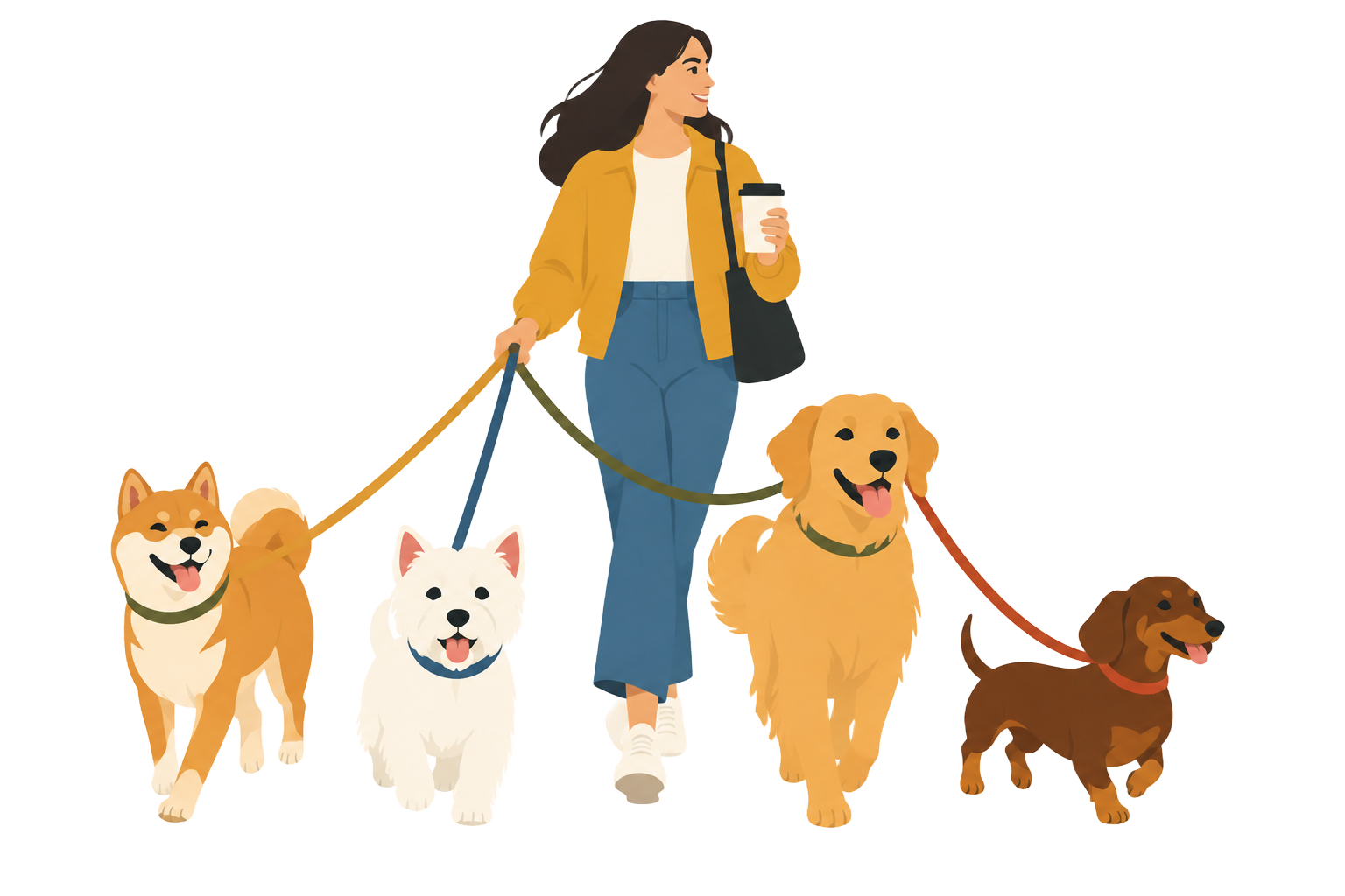 Trufa leading a little pack of illustrated dogs